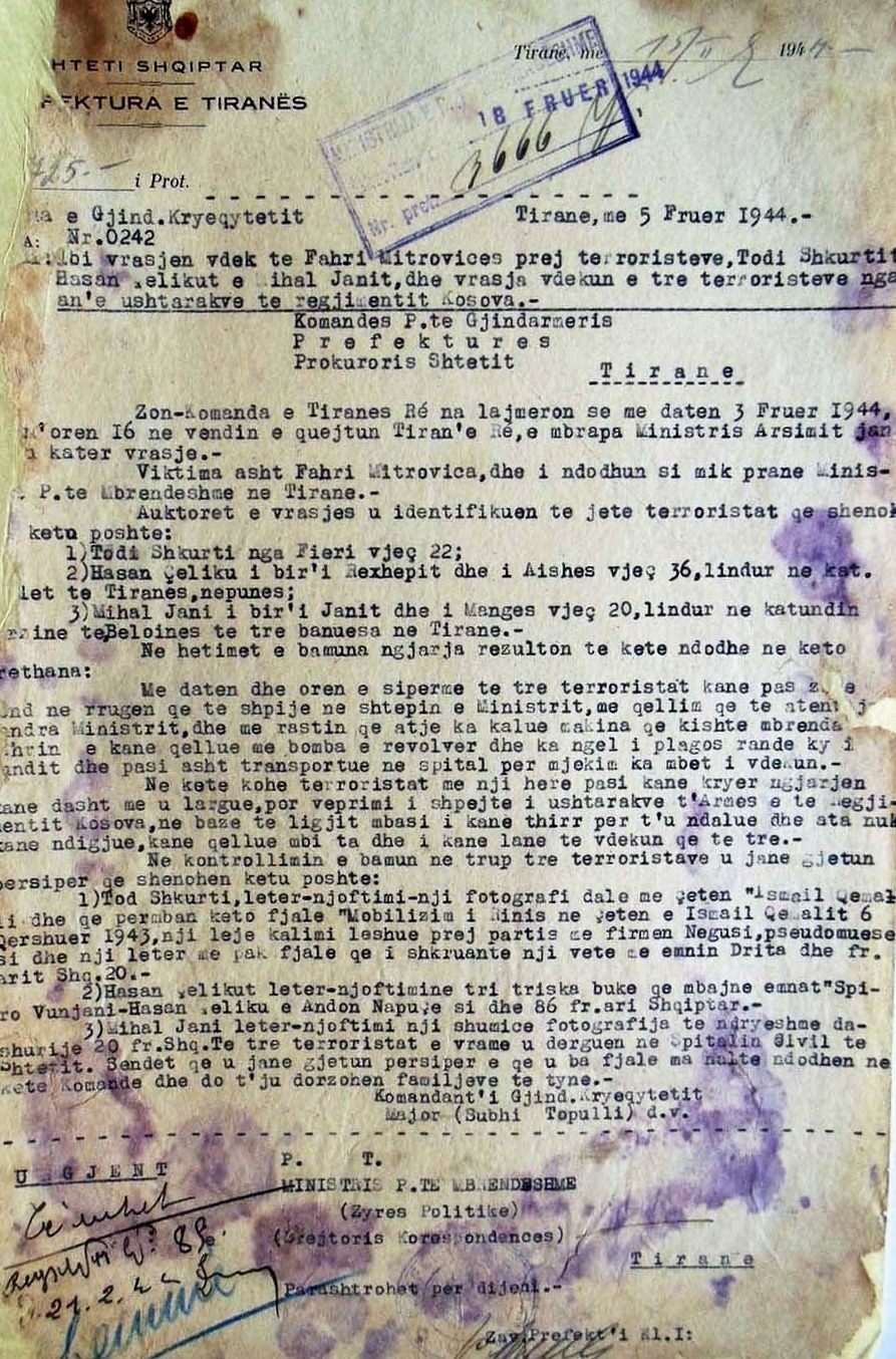 Materiali i Prefekturës së Tiranës, me 5 fruer (shkurt) 1944