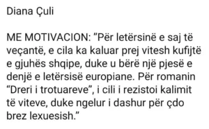 Motivacioni i çmimit për Diana Çulin